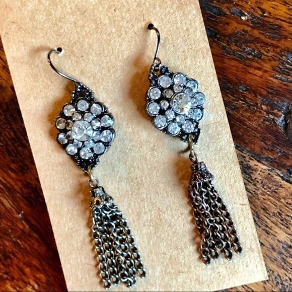 Art Nouveau Style Rhinestone & Chain Tassel Earrings - Picture 2 of 3